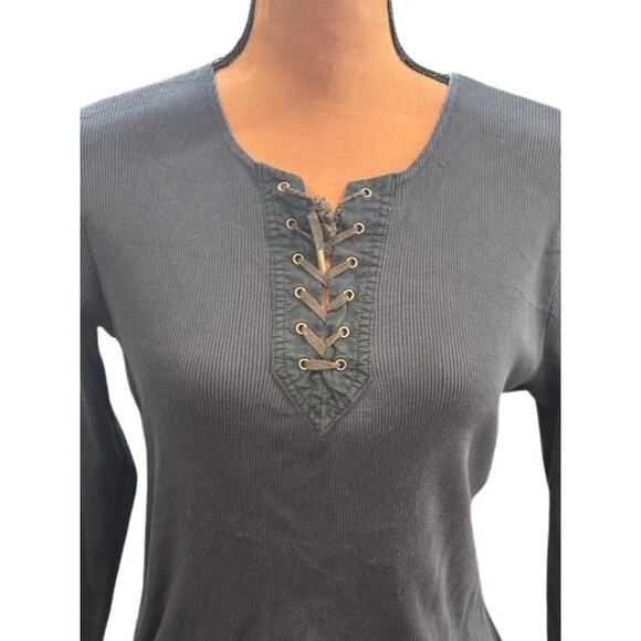 Lauren Ralph Lauren Vintage Lace-Up Ribbed ¾ Sleeve Tee – Size Medium Petite - Picture 2 of 7